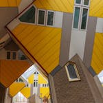 Dynamic angle view of iconic Cube Houses in Rotterdam, showcasing modern Dutch architecture.