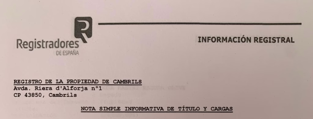 Imatge de l'encapçalament d'una nota simple del Registre de la Propietat