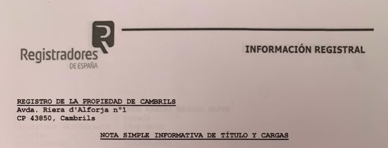 Imatge de l'encapçalament d'una nota simple del Registre de la Propietat